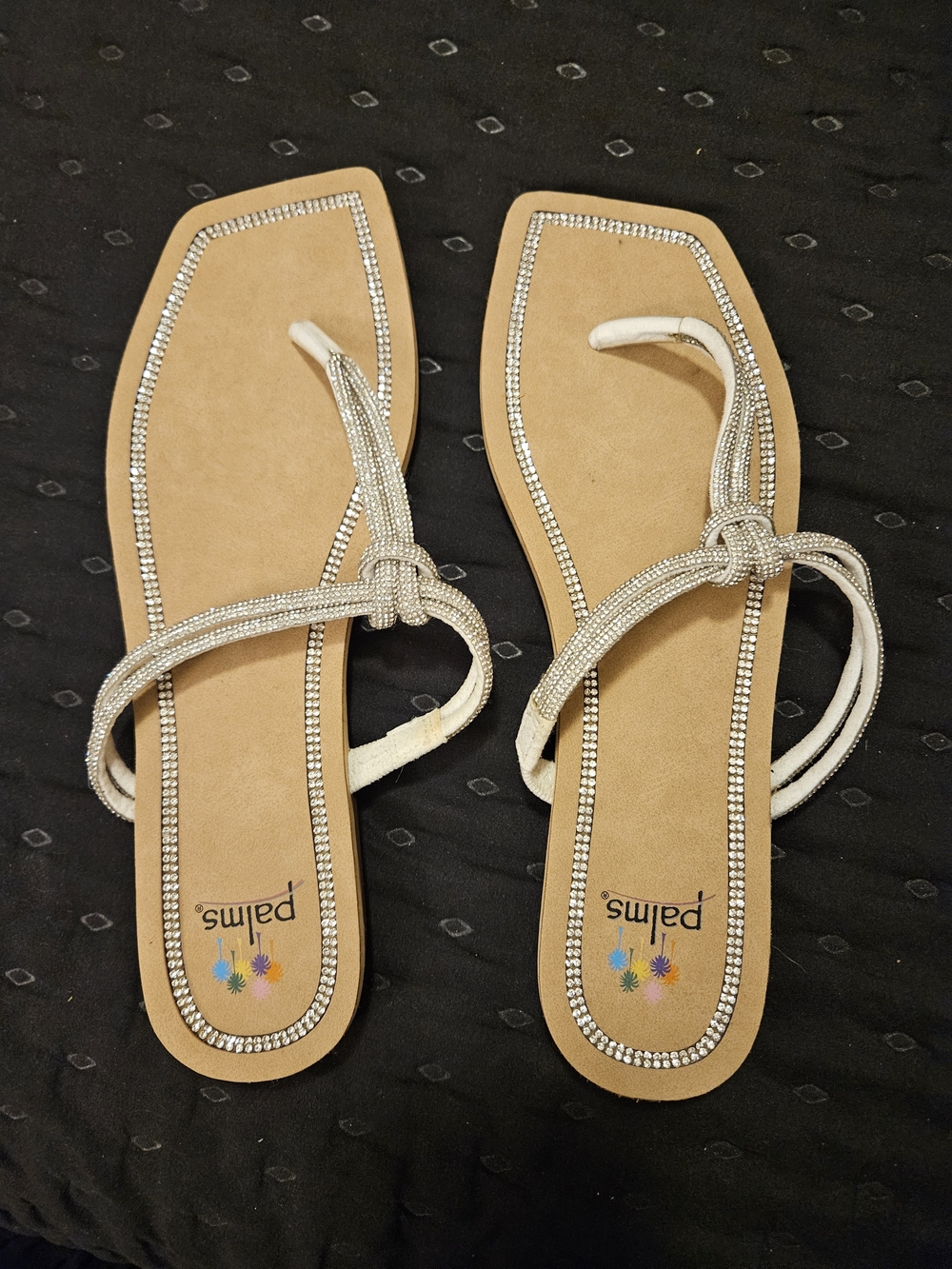 Palms Embellished White Thong Sandals with Rhinestone Trim